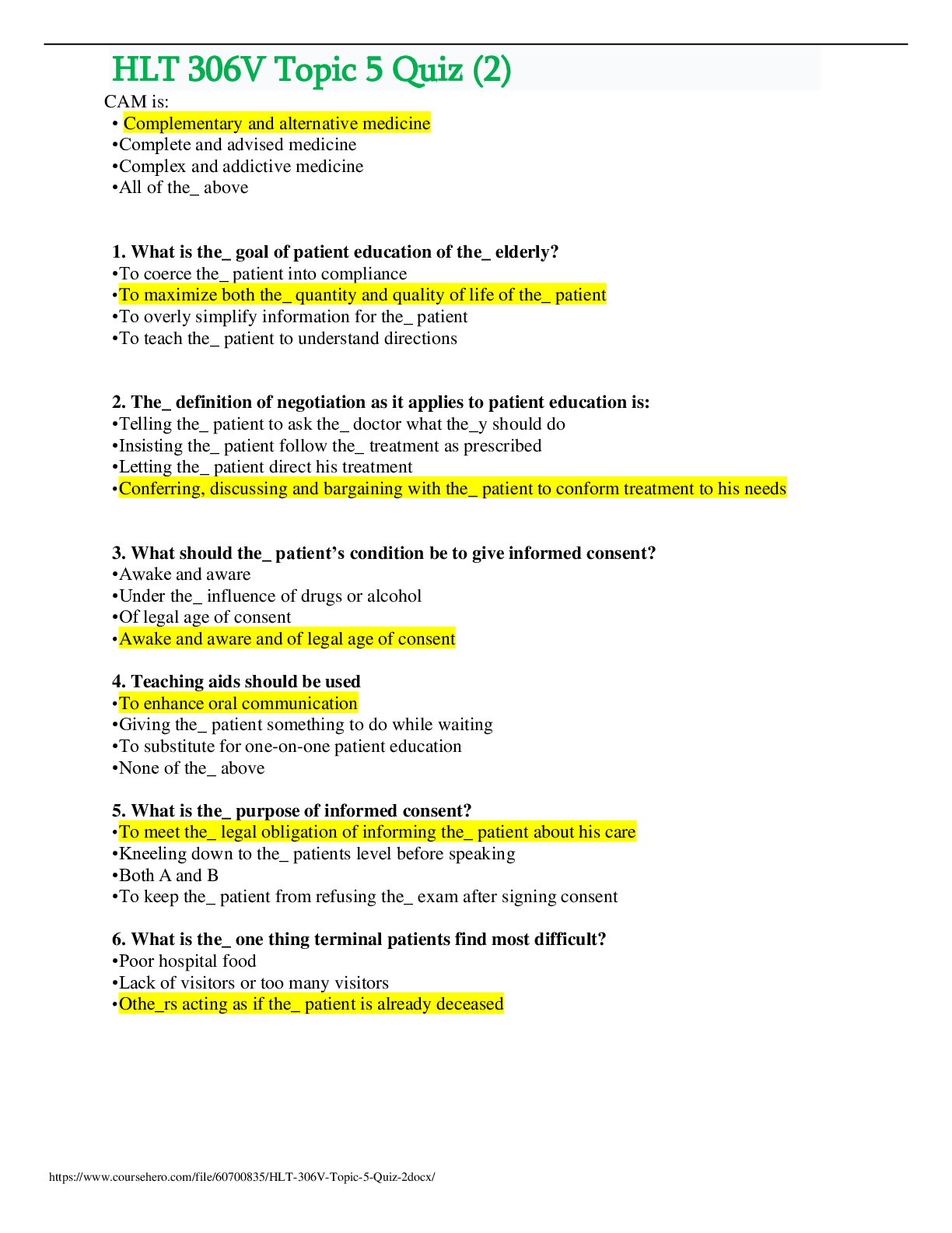 Preview of HLT 306V Topic 5 Quiz (2) Questions And Answers (100%) Correct